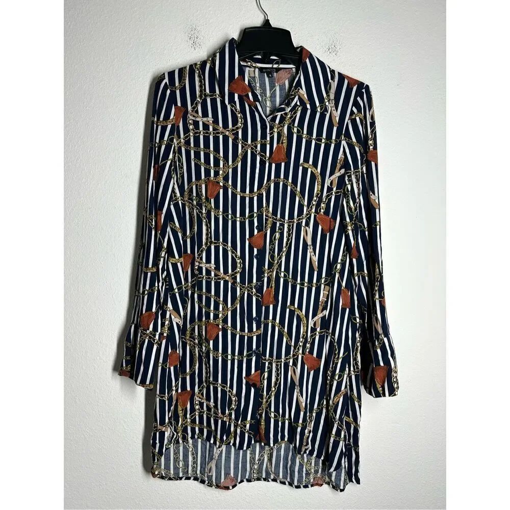Marquis Women’s Blouse Size S Blue Brown Chain Pattern Button Down Long Sleeve